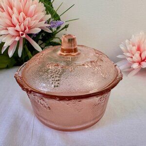 Vintage Pink Pressed Glass Condiment Bowl with Lid – Grapevine Fruit Design 1970